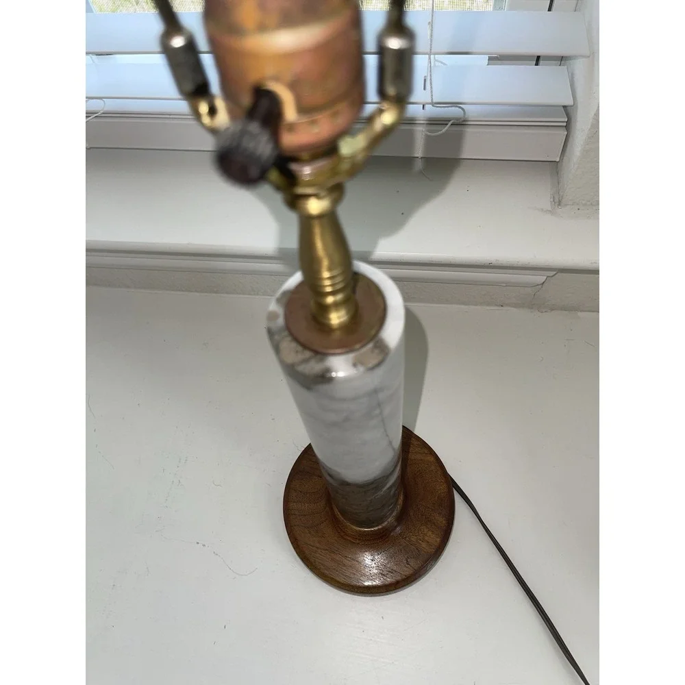 Vintage MCM Marble / Granite Lamp‎ With Wood Base & Lamp Shade